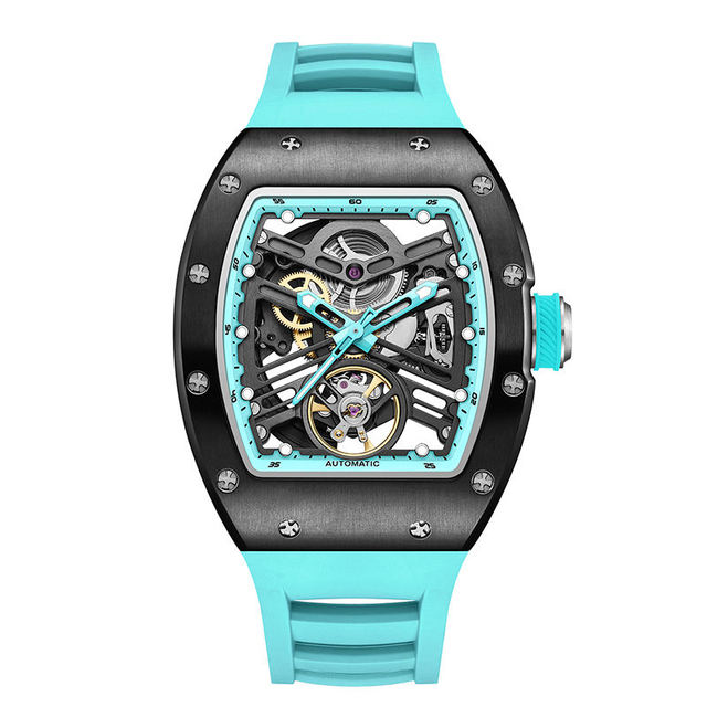 Luxury Waterproof Hollow Automatic Watch Tonneau Shaped Dial Men's Sports Watch Mechanical Movement Silicone Strap Watch