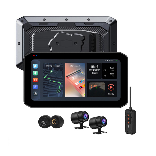 6.25 Inch Motorcycle Carplay Waterproof GPS Navigator With TPMS Dual Cameras DVR Support Wireless Android Auto