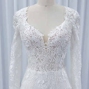 Vestido de novia estilo sirena mangas largas drapeado flor volante decoraciones capilla para madre novia HX43 - Product Image 6