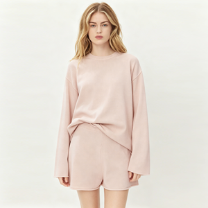 wholesales custom 100% Organic Cotton Oversized Round Neck Long Sleeve Top and Elastic Waist Shorts Sleepwear Two Piece - Product Image 2