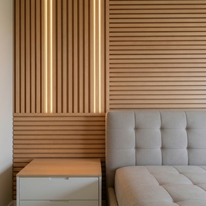 Pannello Acustico in <span class=keywords><strong>Legno</strong></span> di <span class=keywords><strong>Rovere</strong></span> Bianco con Design Moderno Originale e Striscia LED Integrata - Product Image 2