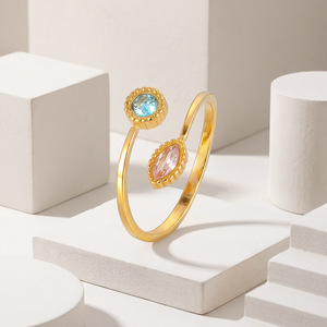 Anillo Ajustable Abierto de Acero Inoxidable Chapado en Oro al por Mayor para Mujer, con Zirconia Redonda y Marquesa Multicolor, Impermeable, Estilo Vintage - Product Image 2