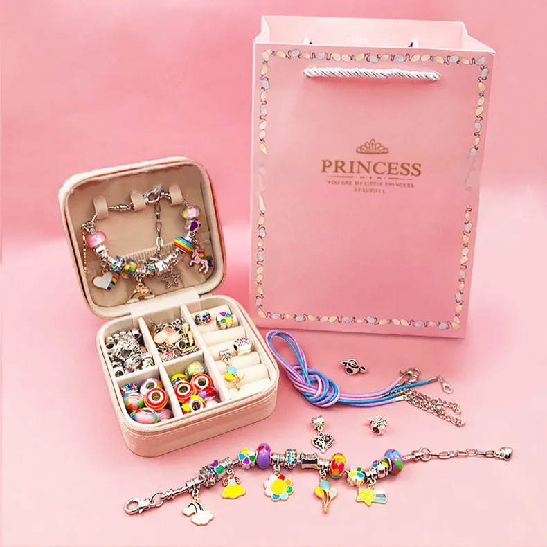 Amazon Hot Sell Pink Blue Diy Handmade Charms Bracelet Making Kit Beads Bangle Jewelry Set For Girls