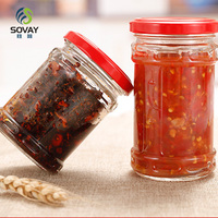 Vente flash : Bouteille en verre ronde pour sauce chili au bœuf, champignons, 200 ml, 220 ml, 280 ml, emballage alimentaire, pot à cornichons en conserve avec couvercle en métal noir