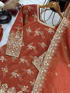DESIGNER <b>SHIMMER</b> SILK THREAD AND SEQUENCE WITH REAL MIRROR WORK <b>TOP</b> SHARARA WITH DUPATTA ORANGE - Product Image 6