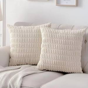 Sarung Bantal Kotak Bergaris Kain Corduroy Lembut Ukuran 18x18 Inci Gaya Modern Farmhouse untuk Sofa Ruang Tamu Tempat Tidur - Product Image 1