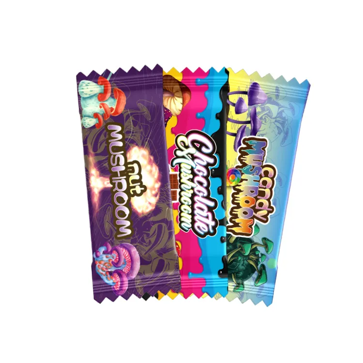 Almohada a Prueba de olores sellada Trippy Treats Chocolate Bar Digital brillante impreso Candy Chocolate Mylar bolsas personalizadas