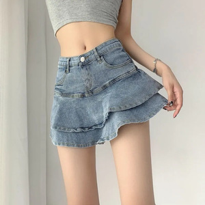 Femmes été Vintage lavé décontracté Slim Denim Streetwear taille haute a-ligne Mini gâteau jean jupe plissée volants plaine teint - Product Image 6