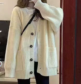 Dames herfst-winter gebreide trui losse, lui uitziende kraag vest jas lang trendy - Product Image 3