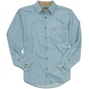 Chemises décontractées pour hommes en denim bleu moyen délavé, coupe ample, manches longues, boutonnées, avec poches, 100 % respirantes, vente en gros sur mesure - Product Image 1