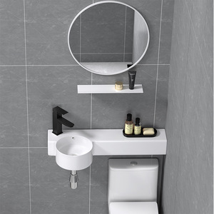 Ensemble de <span class=keywords><strong>meuble</strong></span>-lavabo mural ultra-étroit pour petite unité, avec lavabo en céramique à suspendre, finition mate et <span class=keywords><strong>meuble</strong></span> de toilette - Product Image 3
