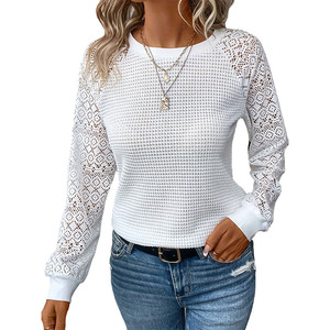 <span class=keywords><strong>Camiseta</strong></span> de Moda Otoño-Invierno para Mujer, Color Sólido, con Encaje, Cómoda, Versátil, Cuello Redondo, Diseño Calado - Product Image 5
