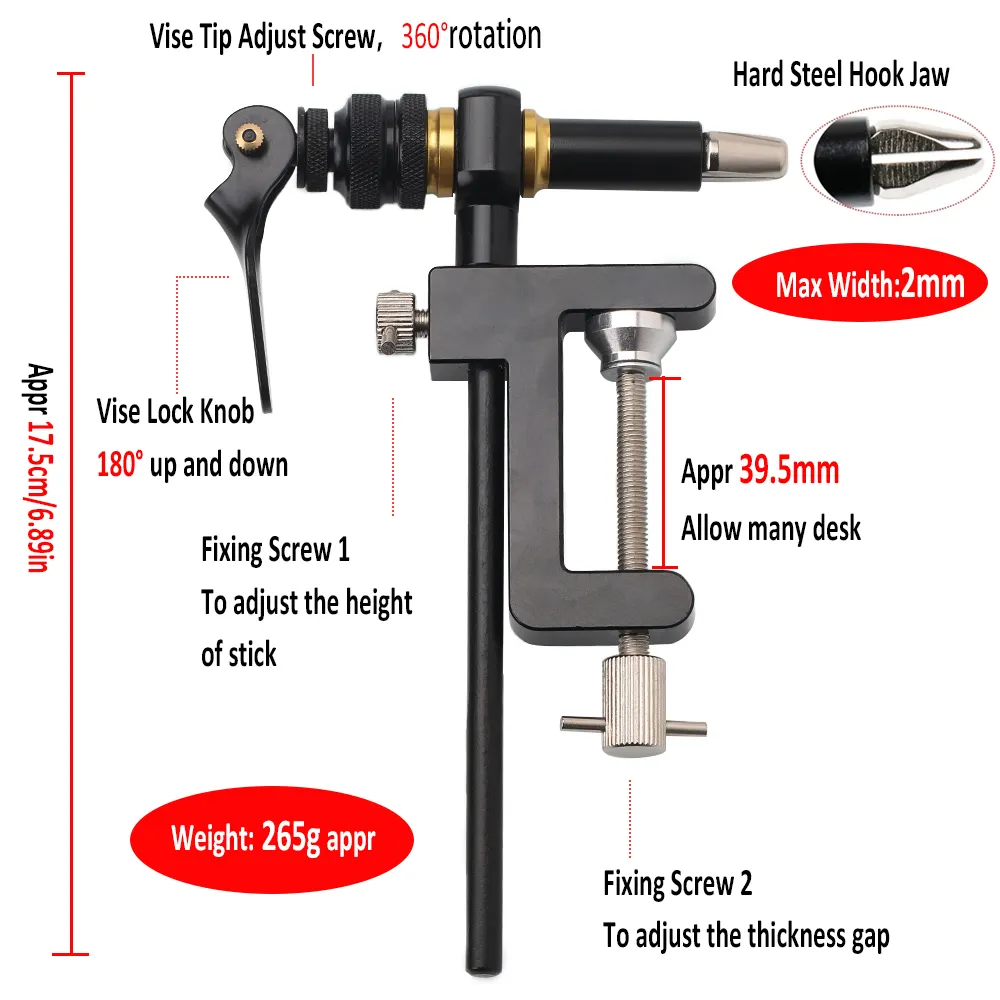 C-clamp 360 degree Rotary Fly Tying Vise Tools Combo Kit 2mm Width Steel Hardened Jaw Fishing Lure Making Tools Accessories