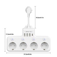 Multiprise EU 4 voies en forme de T, 4 prises Schuko avec interrupteurs individuels, 4 ports USB (3 USB-A, 1 USB-C)