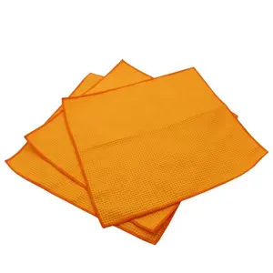 批发无绒橙色超细纤维清洁布30X40cm厘米超吸水华夫饼编织清洁布