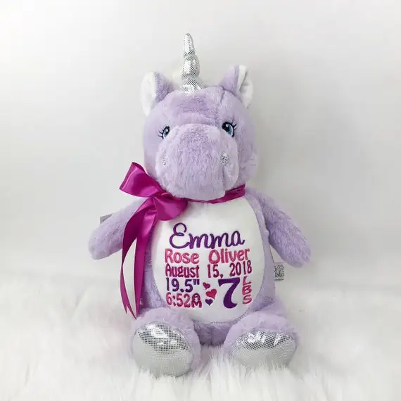 Etsy Gepersonaliseerde Knuffeldier Eenhoorn Geborduurde Knuffeldier Eenhoorn Bear Bunny Geboorte Aankondiging