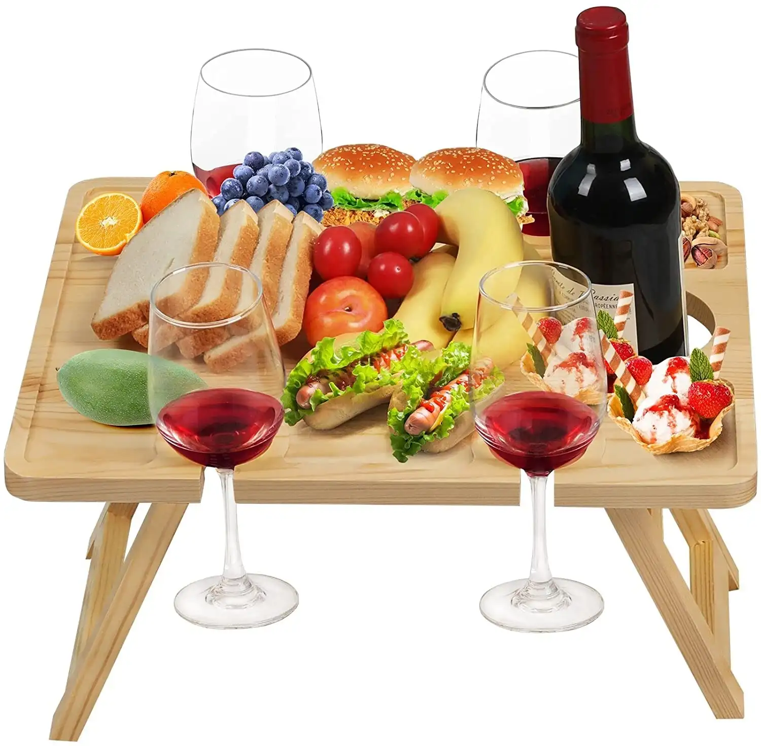 屋外ワインピクニックテーブル、4つのワイングラスホルダー付き折りたたみ式ポータブルウッドスナックチーズトレイ、シャンパンボトル穴、小