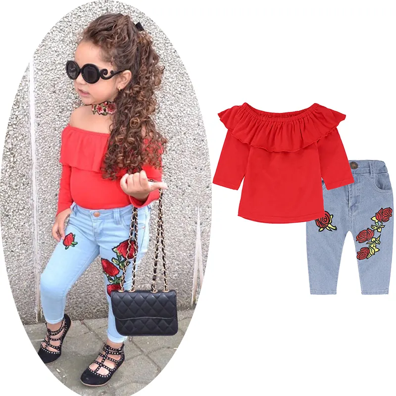 Children Ruffle Off-Shoulder Long Sleeve Top Rose Flower Jeans Denim Pants Baby Outfit 2pcs Set Summer Suit Kids Girls Clothes