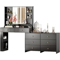 Coiffeuse de chambre moderne de luxe léger gris foncé avec miroir lumineux carré et lampe, design transfrontalier, en forme de L, multi-tiroirs, séparée