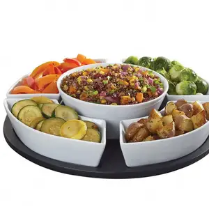 Set alat makan meja 5 buah, Salad keramik melayani Makanan Penutup di nampan MDF hitam