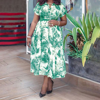 Robe décontractée mi-longue pour femme, style été européen et américain, à manches courtes, imprimé numérique floral, coupe trapèze, grande taille, avec ceinture