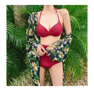 Tankini wanita seksi, Set Bikini pakaian pantai pinggang tinggi/leher Halter pakaian renang warna Solid