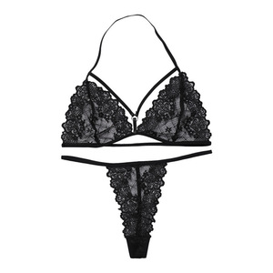 Ensemble de soutien-gorge sans armatures en dentelle style européen et américain, noir, pour femmes, avec string taille basse, grandes tailles - Product Image 5