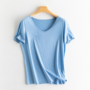 T-shirt femme en lin <span class=keywords><strong>de</strong></span> haute qualité, couleur unie, col en V, manches courtes, été - Product Image 2