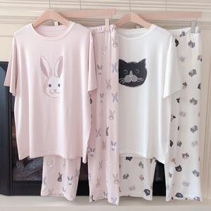 Stile giapponese gelato Cartoon gatto e coniglio <span class=keywords><strong>pigiama</strong></span> estate da <span class=keywords><strong>donna</strong></span> a maniche corte pantaloni lunghi Modal cotone Casual per la casa - Product Image 1