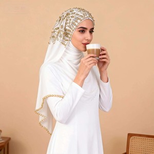 Conjunto de pañuelo para la cabeza étnico de gasa con cuentas, pañuelo largo de alta gama, a la moda y popular, para hijab - Product Image 3