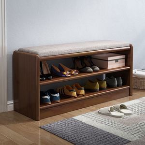Solid Wood Shoe Changing <b>Stool</b> <b>With</b> <b>Storage</b> Walnut Color 630x350x450mm Scandinavian Design Home Entrance Bench - Product Image 1