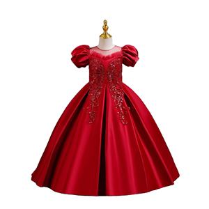 ชุดเดรสยาวผ้าซาตินสีพื้น แขนพองประดับลูกปัด สำหรับเด็กผู้หญิงอายุ 3-10 ปี  ชุดเจ้าหญิงสำหรับงานแต่งงาน งานพิธีศีลมหาสนิท งานพรอม หรืองานเลี้ยงตอนเย็น - Product Image 1