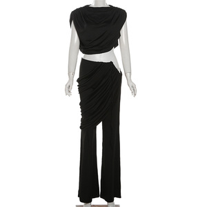 Dropshipping 2025 Trendy Crop Cut Round Neck Top Taille Haute Pantalon Plissé Légèrement Évasé Ensemble Deux Pièces pour Femmes Party Outfits - Product Image 2