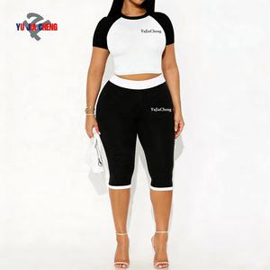 Kaos Raglan Crop dan Legging Capri Pinggang Tinggi, Set Olahraga Dua Potong Warna Kontras untuk Wanita, Pakaian Santai - Product Image 3