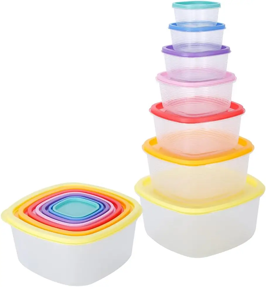 ชุดภาชนะเก็บของพลาสติกสีรุ้ง14ชิ้นที่เก็บอาหาร PP ปราศจากสาร BPA สีที่กำหนดเองได้สำหรับบ้านและห้องครัว
