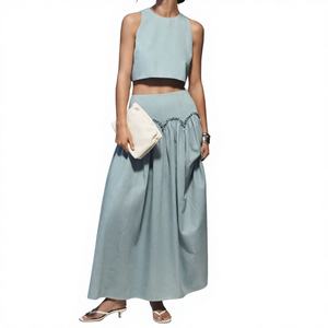 Nouvel Arrivage Ensemble Deux Pièces Personnalisé en Lin : Crop Top Sans Manches et Jupe Longue Volantée – Tenue d'Été pour Femme - Product Image 1