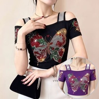 T-shirt personnalisé pour femme, à épaules dénudées, orné de papillons, de fleurs et de strass, brillant et pailleté, à manches courtes, pour soirée et boîte de nuit