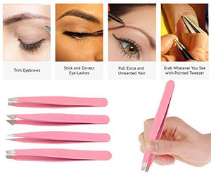4 Piece Professional Stainless Steel Tweezers Set Eyebrow Tweezers Slant Tip Pointed and Straight in NEW Pink Glitter Color - Product Image 2