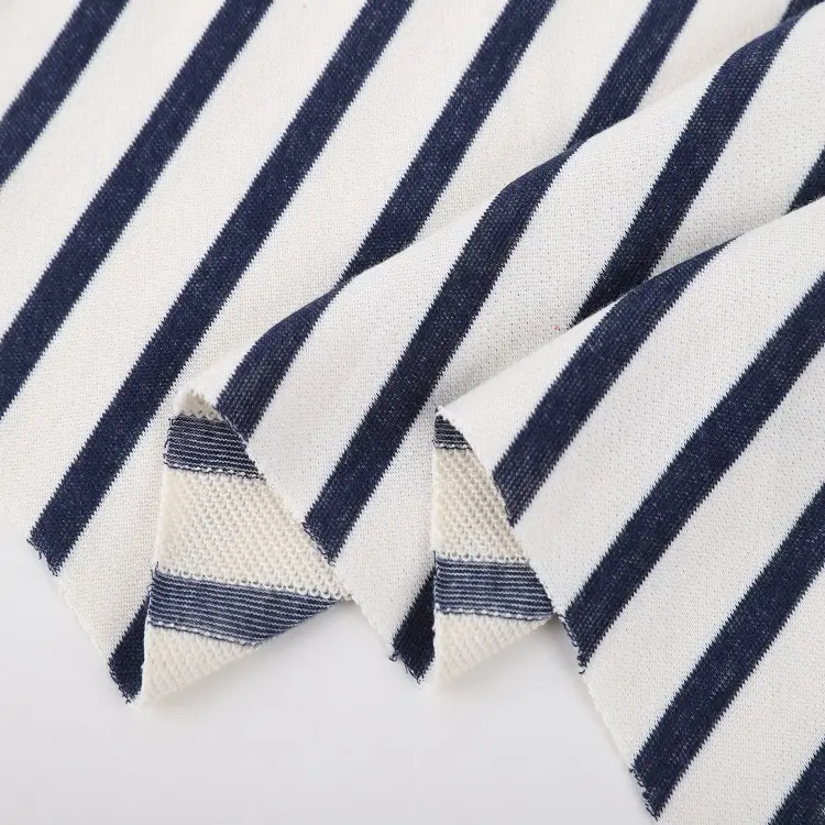 Polyester Cotton French Terry Indigo Blue and White Feeder Stripe Knit Yarn Dyed Fabric for Hoodie
