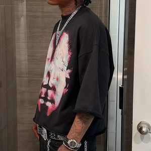 定制制造夏季图形t恤街装超大丝网印刷黑色棉o领短款宽松t恤 - Product Image 2