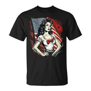 Camiseta Vintage Pin-Up Girl con Diseño de Bandera Americana, Negra, Cuello Redondo, Manga Corta, Promocional para Hombre - Product Image 1