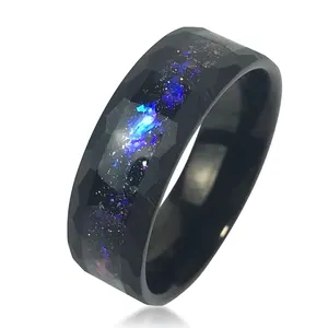 Anillo de tungsteno de ópalo azul con borde martillado para mujer, conjunto de anillo de moda para parejas, joyería para mujer