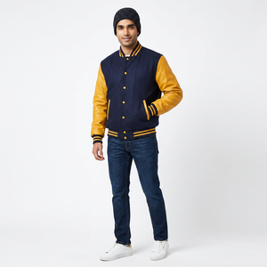 Men's Navy Blue Yellow <b>Leather</b> Varsity <b>Jacket</b> Preppy Style Wool Polyester Regular Fit Stand Collar Button Closure <b>Winter</b> Front - Product Image 1
