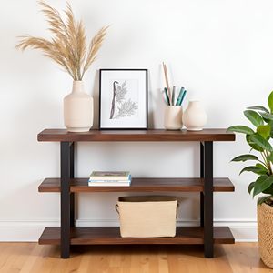 Wooden 48 Inch Solid End <strong>Table</strong> with 2 Openshelves and Metal Legs,3 Tier <strong>Storage</strong> Display and <strong>Rustic</strong> Industrial Accent Furniture - Product Image 2