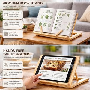 Wooden Book <b>Stand</b> <b>Tablet</b> Holder Adjustable Angle Desk Rack <b>For</b> Books Cookbooks Magazines Recipes Reading Kitchen Countertop Use - Product Image 1
