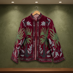 Wholesale Vintage Style Maroon <b>Velvet</b> Jacket <b>Women</b> Hand Embroidered Floral Short <b>Coat</b> Boho Winter Outerwear - Product Image 6