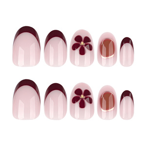 24 pièces en gros bout d'<span class=keywords><strong>ongle</strong></span> rond à doigts courts fleur d'art français minimaliste <span class=keywords><strong>faux</strong></span> ongles bord brun imperméable réutilisable ongles - Product Image 3