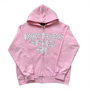 Sweat à capuche zippé surdimensionné en coton French Terry avec strass cloutés, broderie de lettres effet usé, style streetwear, impression de logo personnalisée - Product Image 4