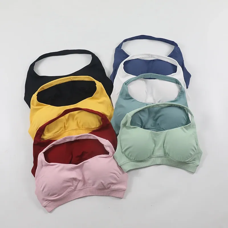 Sports Bra for Women Seamless Halter Neck Strap Sexy Breathable Yoga Top Medium Support Gym Crop Top Removable Pads