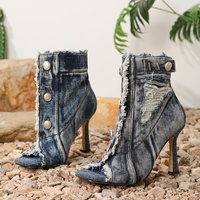 Automne nouvelles femmes mode Sexy bottes courtes poisson bouche gland talons aiguilles Denim bouton bout carré femmes bottes courtes